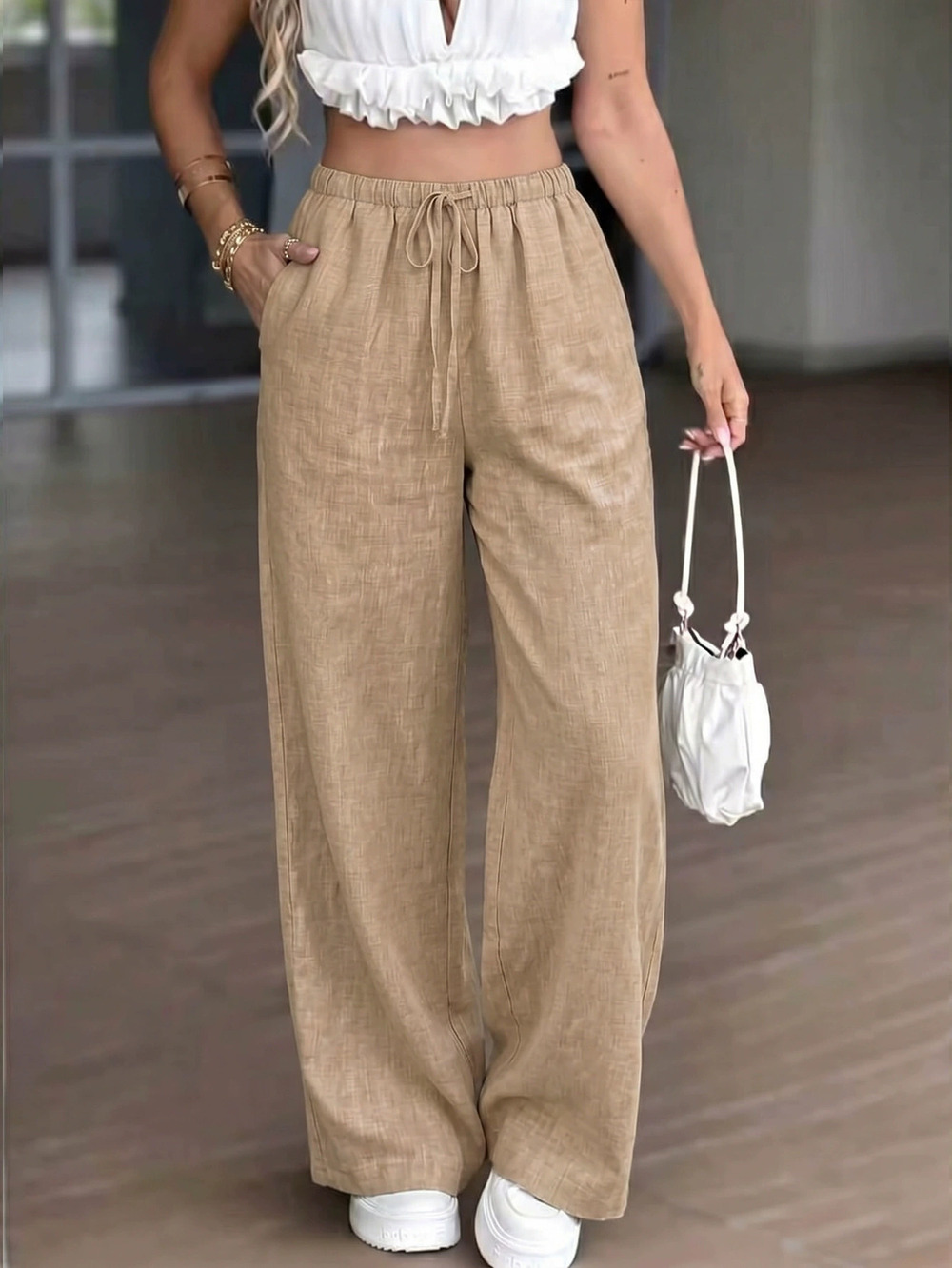 Zara Linen Texture Elastic Waist Drawstring Wide Leg Pants Summer